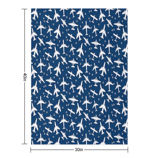 Blue And White Aeroplanes Silhouette Pattern Wrinkle-free Throw Blanket
