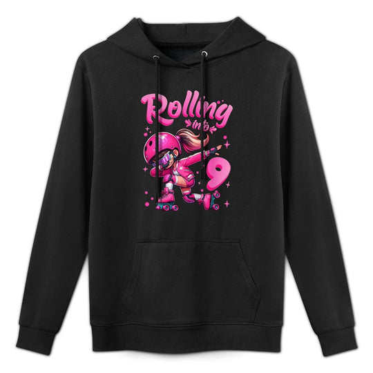 Roller Skating Girl Birthday Kids 9th Birthday Party Tee Adjustable Hood Hoodie