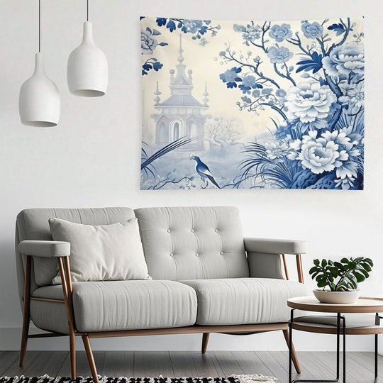 Cerulean Pastoral Pavillion Chinoiserie Tapestry