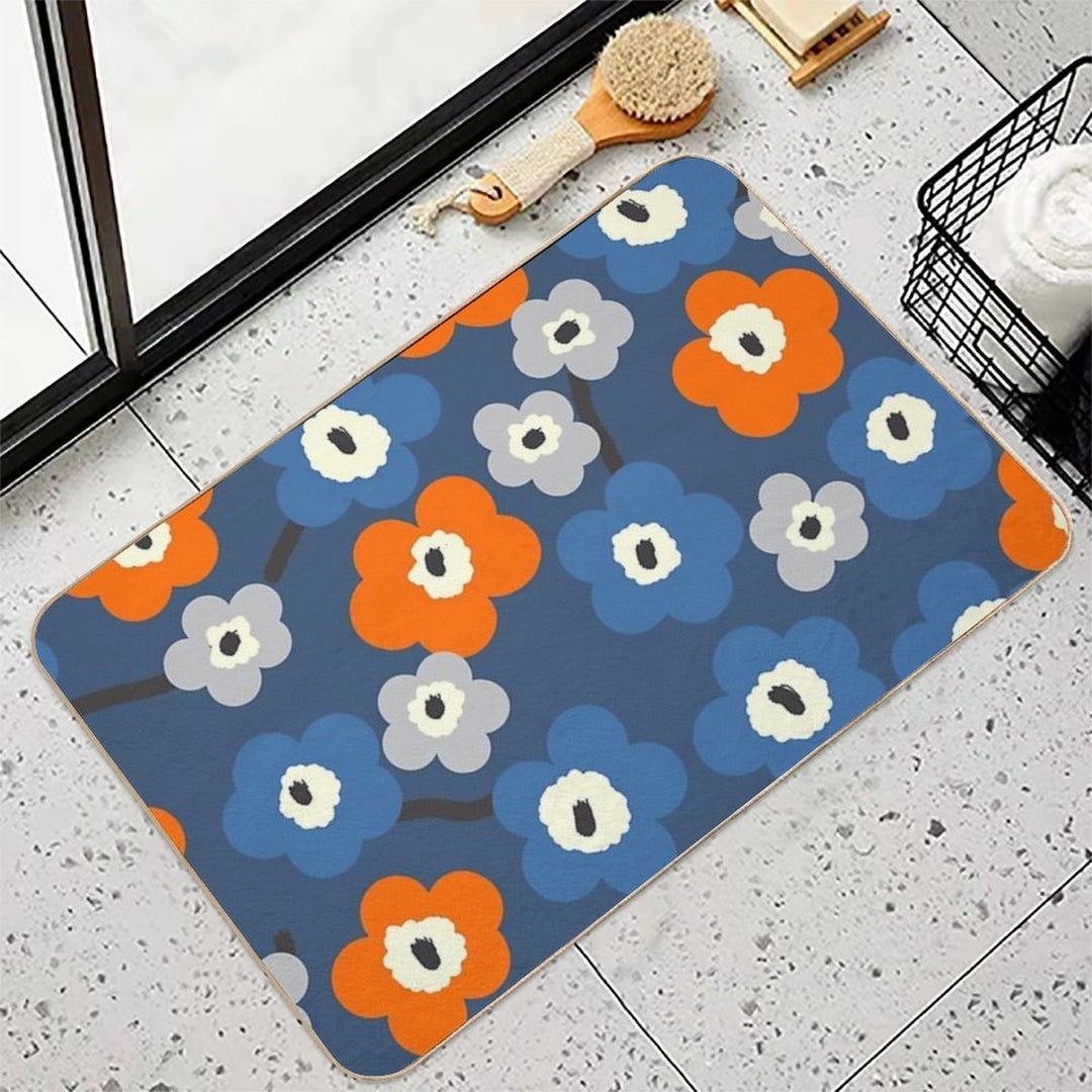 Iconic Modern Scandinavian Floral Pattern in Blue And Orange  Easy To Clean Bath Mat
