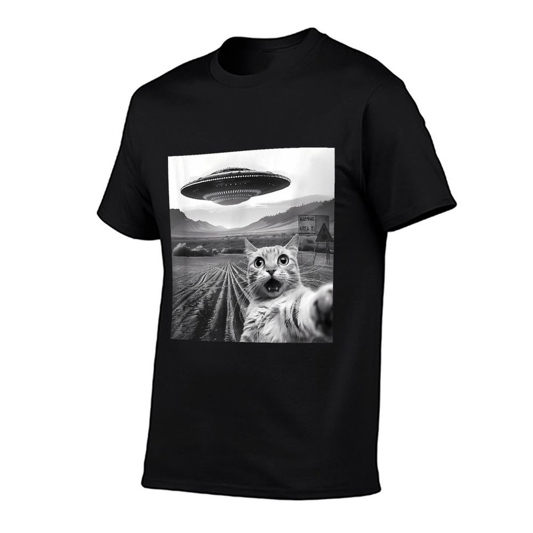 Funny Area 51 UFO Cat Selfie with Alien Cat UFOs Meme Weird  Rolled Sleeves T-Shirt