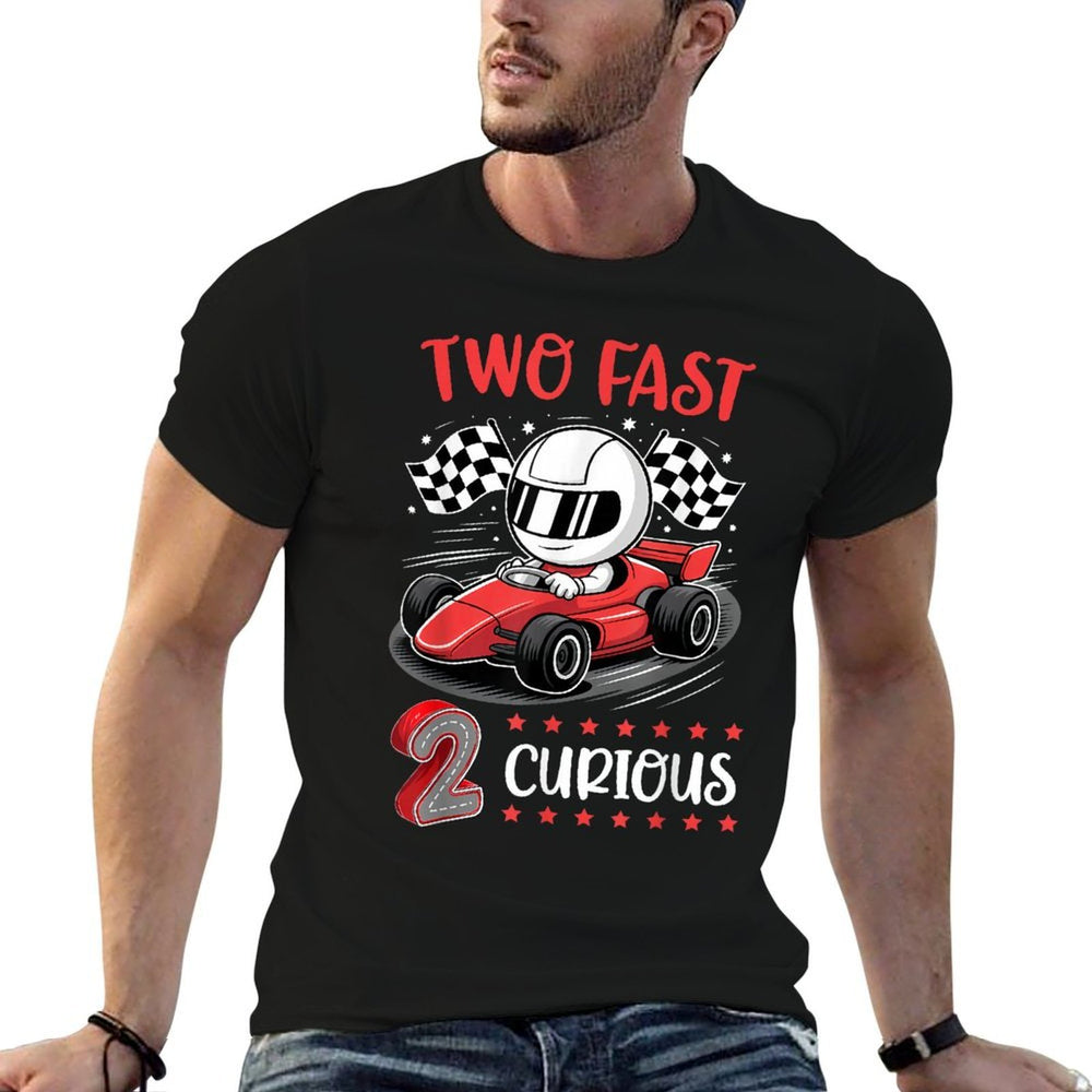 Kid Two Fast 2 Curious 2nd Birthday Two Years Old Car Racing  Heathered Texture T-Shirt