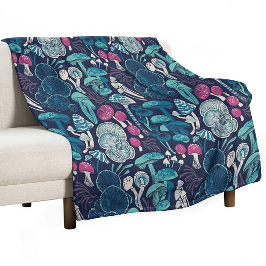 Mystical Fungi  Midnight Blue Background Mint Teal And Dark Pink Wild Mushrooms Easy Care Throw Blanket
