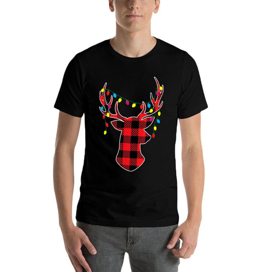 Red Black Christmas Gifts Buffalo Plaid Deer Women Men Kids  Ribbed Collar T-Shirt
