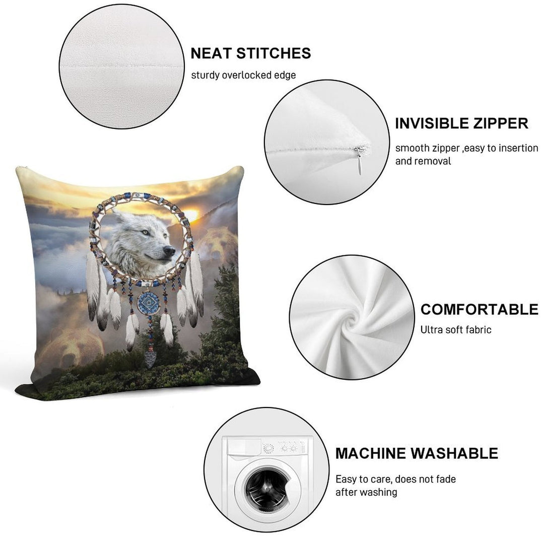 Wolf, Bear And Dream Catcher Soft High-Density Material Throw Pillow