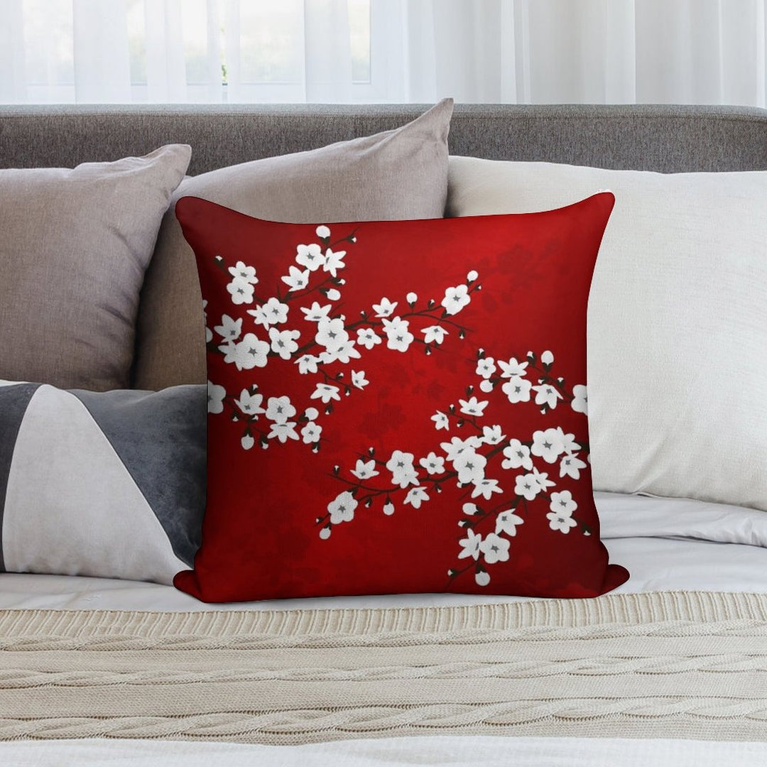 Cherry Blossom Red White Asia Floral Soft Short Plush Fabric Throw Pillow