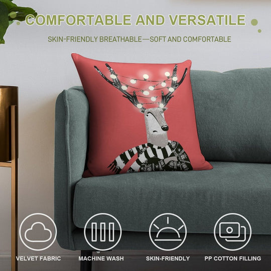 Christmas Bright Reindeer Soft Short Plush Fabric Throw Pillow