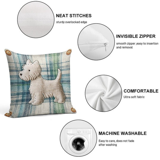 Linen Tartan Stitched Westie Soft Hidden Zipper Throw Pillow