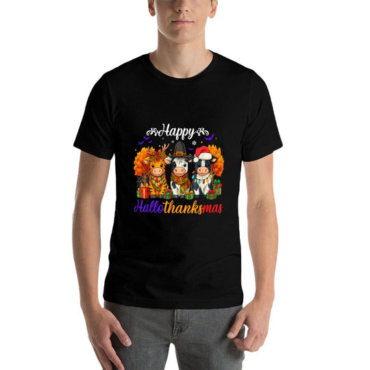 Happy HalloThanksMas Cows Gifts for Farmer  Fade-proof Color T-Shirt