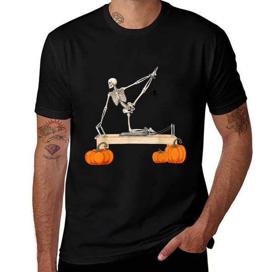 Skeleton Doing Reformer Pilates Machine Pumpkin Halloween  Polyester Blend T-Shirt