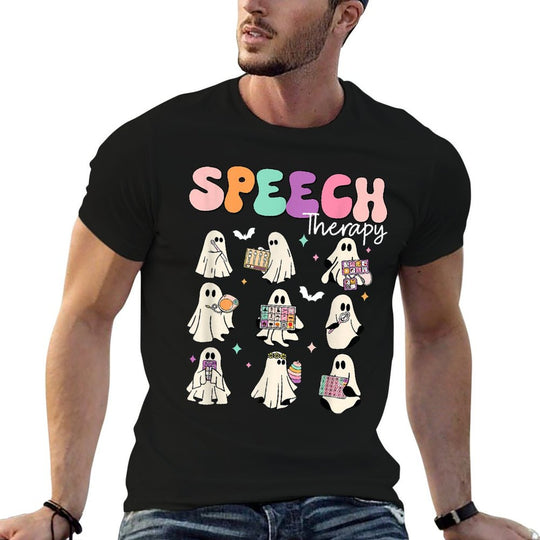 Retro SLP Ghost Halloween Speech Therapy Autumn Fall  Rolled Sleeves T-Shirt
