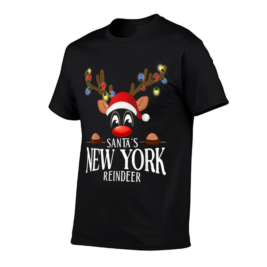 Santas New York Reindeer Funny XMas Matching PJS  Rolled Sleeves T-Shirt