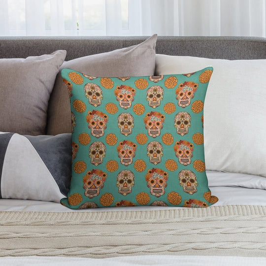 Day of The Dead Skulls And Flowers on A Textured Blue Green Background Soft Durable Construction Throw Pillow