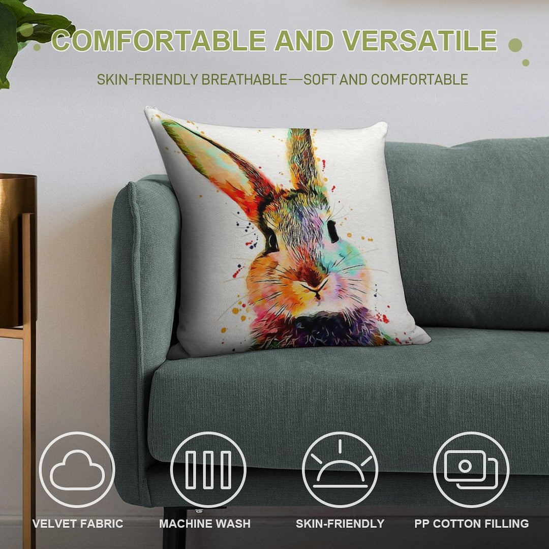 Rabbit Watercolor Art Work Soft Short Plush Fabric Throw Pillow