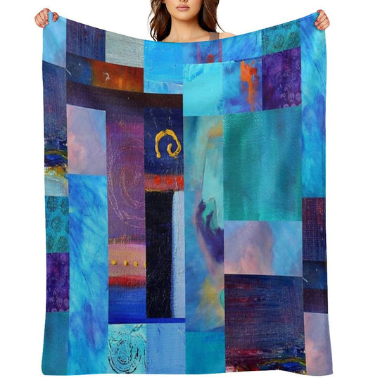 Classic Blue Collage Abstract Painting Art Plush Throw Blanket