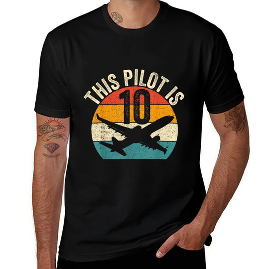 This Pilot Is 10 Aviation Airplane Retro 10th Birthday Party  Wrinkle-resistant T-Shirt