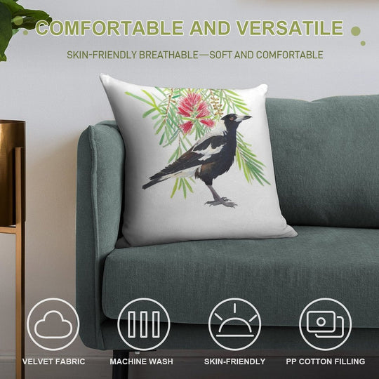 Australian Magpie And Bottlebrush Tree Branch with Red Flowers Watercolour Soft Easy Maintenance Throw Pillow
