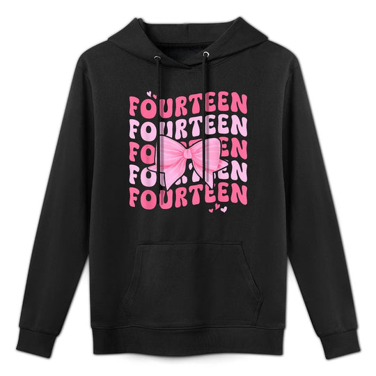 14 Year Old Coquette Bow Fourteenth Birthday Black Small Crew Neck Cotton, Polyester for Girls, 14th Birthday Celebrants Colorfast Hoodie