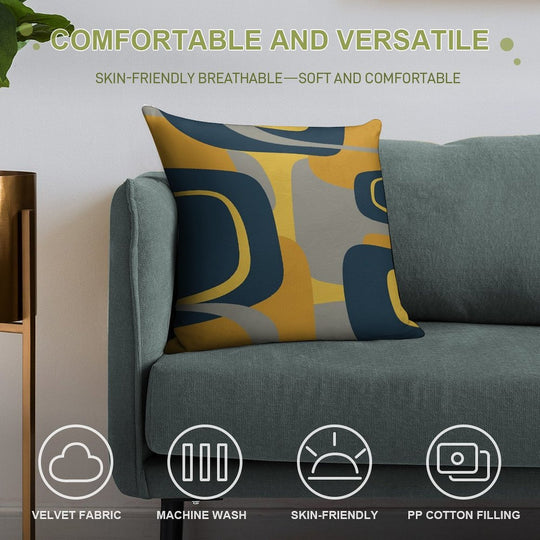 Mid Century Modern Retro Abstract Pattern in Navy Blue, Mustard Yellow, And Gray Soft Warmth Comfort Throw Pillow