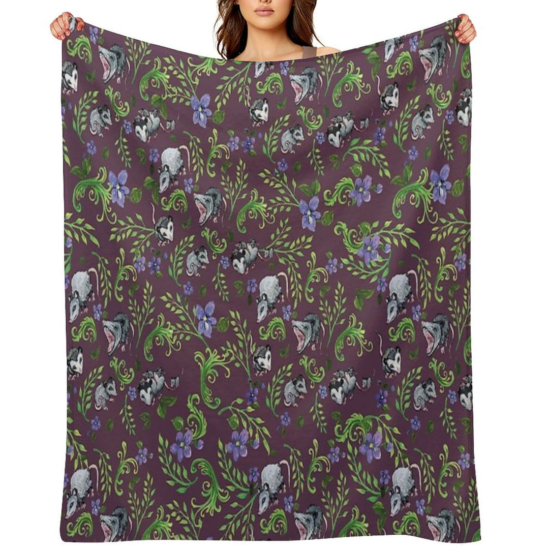 Opossum, Fern, & Violet Print Velvety-soft Throw Blanket