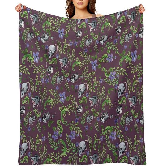 Opossum, Fern, & Violet Print Velvety-soft Throw Blanket