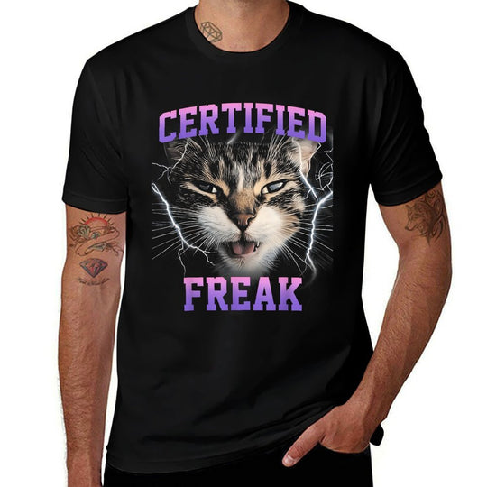 Funny Cat Meme Certified Freak Eat Cement Cursed  Easy-care T-Shirt