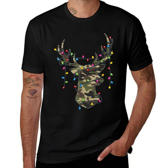 Christmas Holiday Camo Hunting Reindeer Deer Xmas Lights  Ribbed Collar T-Shirt