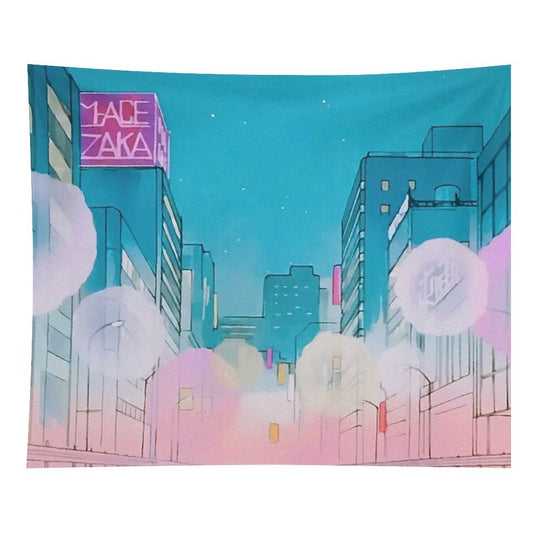 Vintage Anime City Background Tapestry
