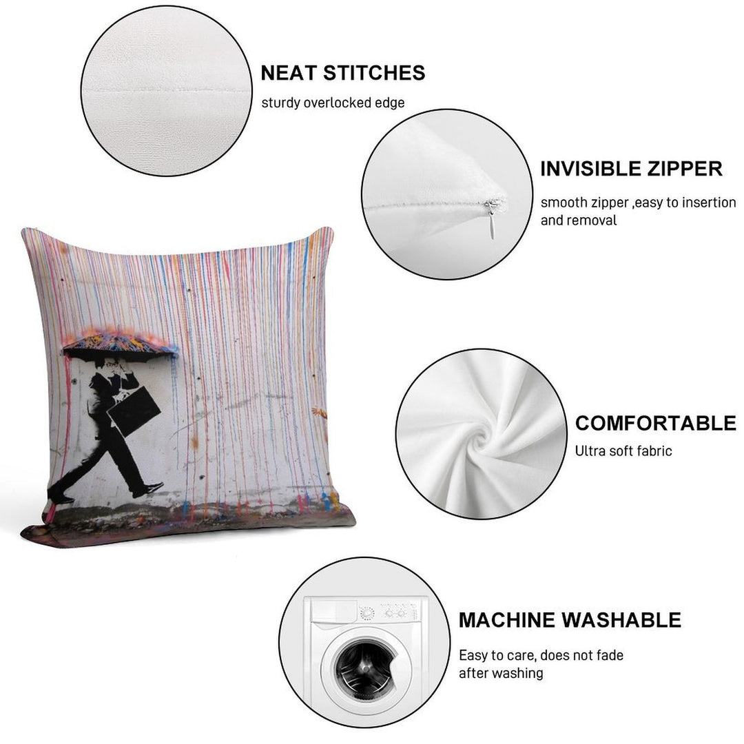 Banksy Umbrella Rainbow Happy Girl Soft Reinforced Edging Throw Pillow