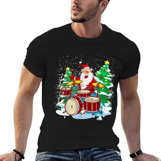 Funny Christmas Santa Playing The Drums Crazy Drummer Xmas  Rolled Sleeves T-Shirt