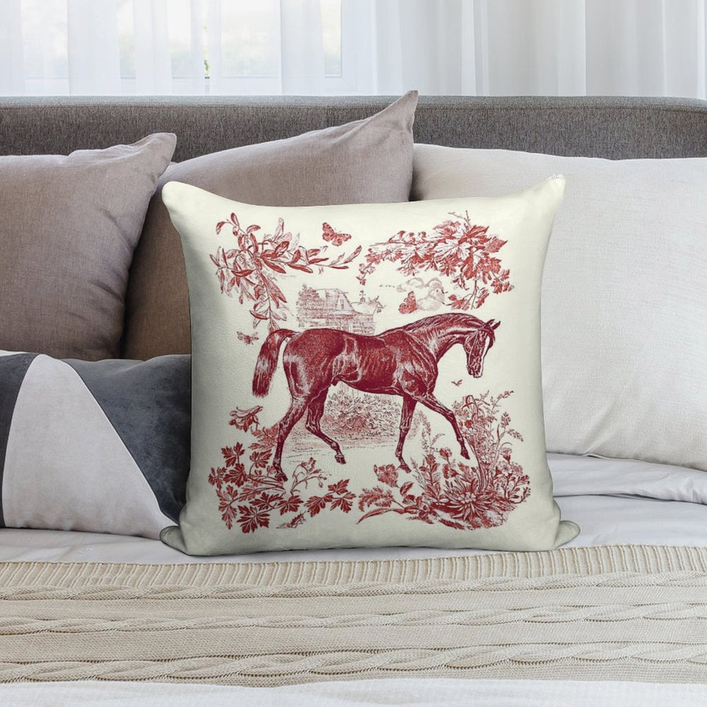 Elegant Stylish Vintage Rustic Horse Red Floral Toile Soft Luxury Feel Throw Pillow
