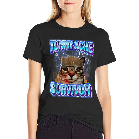 Tummy Ache Survivor Cat Meme Funny Saying Cats Animals  Eco-friendly Material T-Shirt