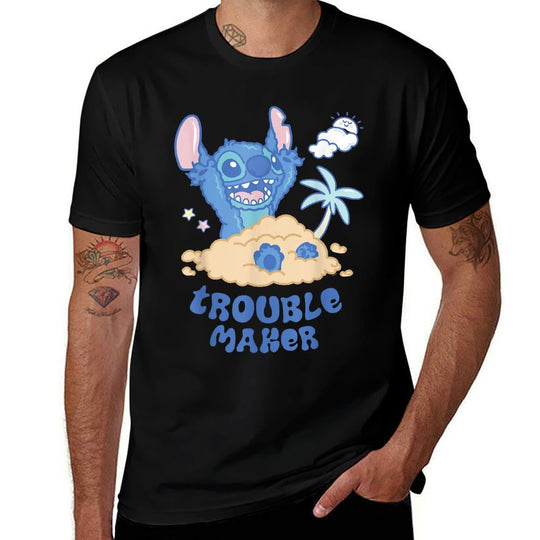 Disney Stitch Fluffy Summer Beach Sand Pile Trouble Maker Comfortable T-Shirt