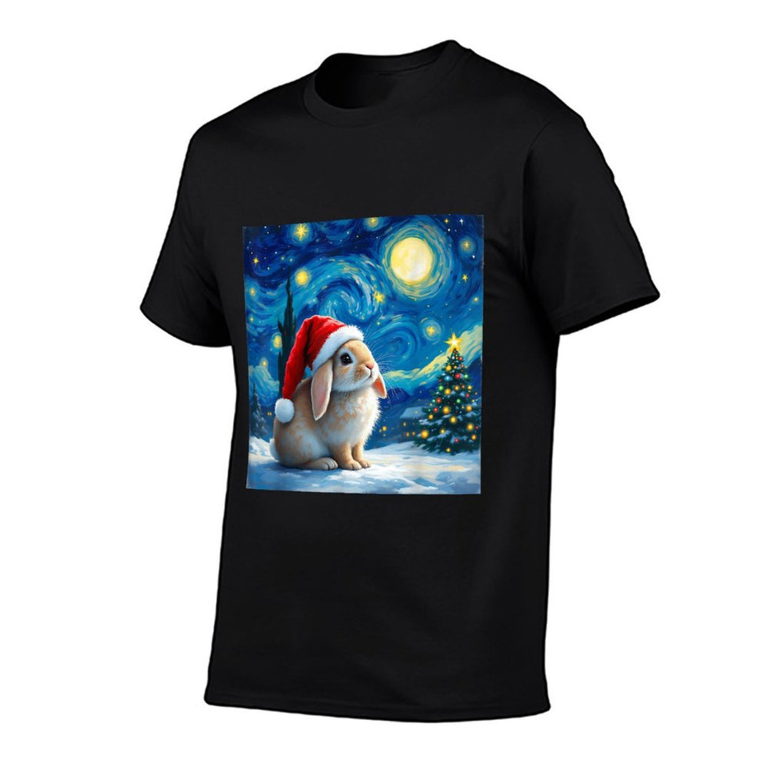Christmas Rabbit Santa Hat Van Gogh Starry Night Holiday  High-quality Stitching T-Shirt
