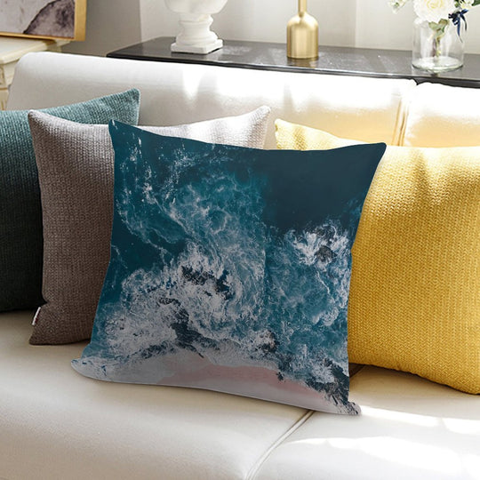 Aerial Beach Print - Aerial Ocean Photo - Words - Pink Sand - Sea Travel Photography by Ingrid Beddoes Soft Short Plush Fabric Throw Pillow