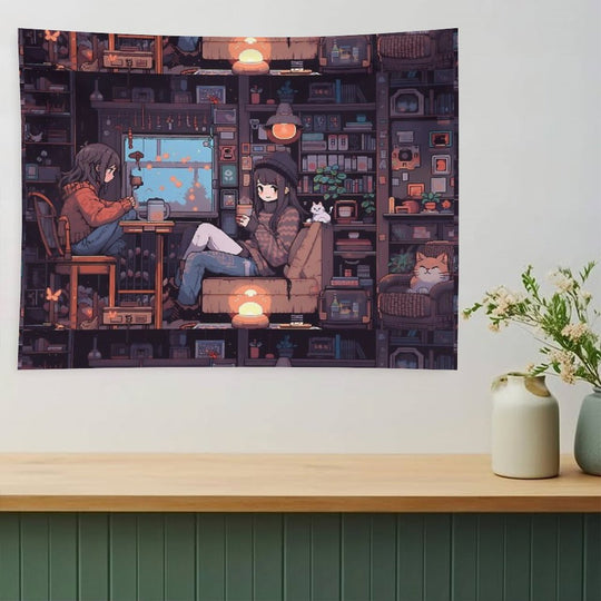 Anime Girls, Pixel Art- Cozy Tapestry