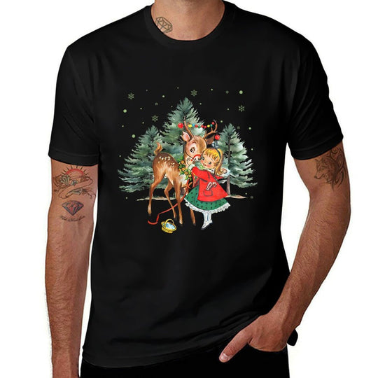 Vintage Girl And Reindeer Retro 1950s Christmas  Soft T-Shirt
