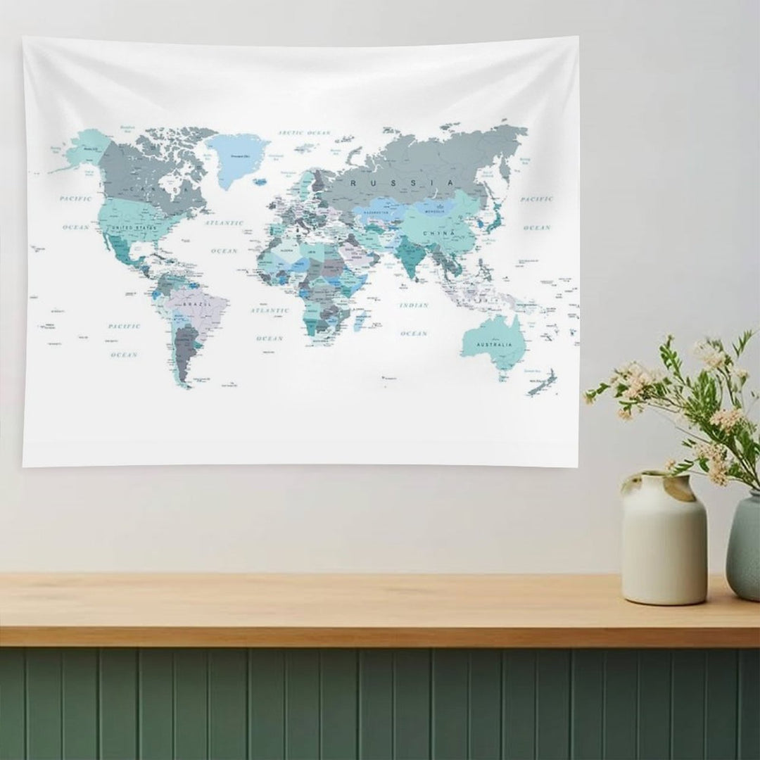 Map of The World in Shades of Teal Tapestry