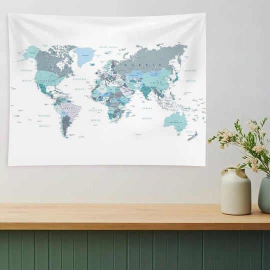 Map of The World in Shades of Teal Tapestry