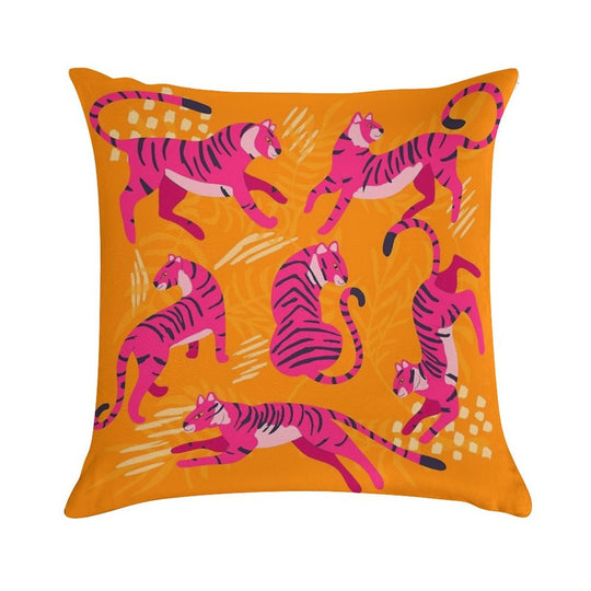 Pink Tigers on Orange Soft High-Density Material Throw Pillow