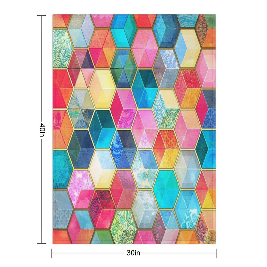 Crystal Bohemian Honeycomb Cubes - Colorful Hexagon Pattern Plush Throw Blanket