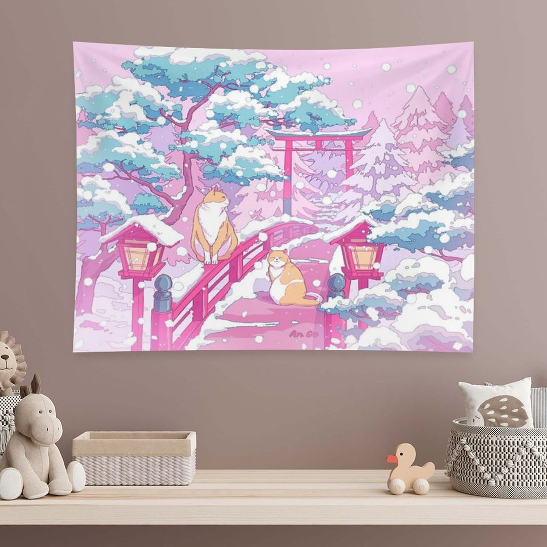 The Japanese Winter Shrine And Cute Cats Tapestry