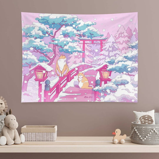 The Japanese Winter Shrine And Cute Cats Tapestry
