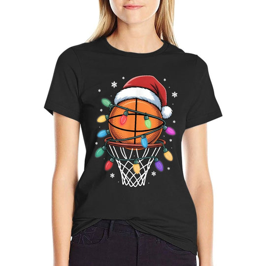Christmas Basketball Santa Hat Xmas Light Basketball Lover  Slim-fit Cut T-Shirt