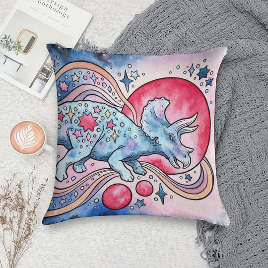 Star Tricera  Cosmic Dinosaur Watercolor Soft Reinforced Edging Throw Pillow