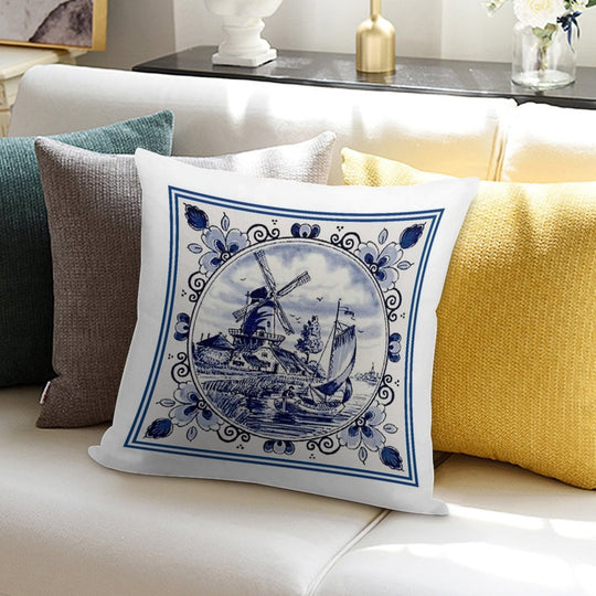 DUTCH BLUE DELFT Vintage Windmill Print Soft Gift Ready Throw Pillow