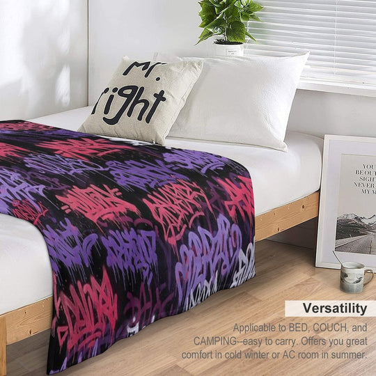 Cyberpunk Graffiti Mural Purple Pinkish Red & White Tags on Black Plush Throw Blanket
