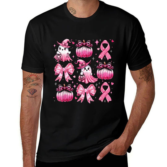 Pink Ghost Coquette Bow Halloween Breast Cancer Awareness  Rolled Sleeves T-Shirt