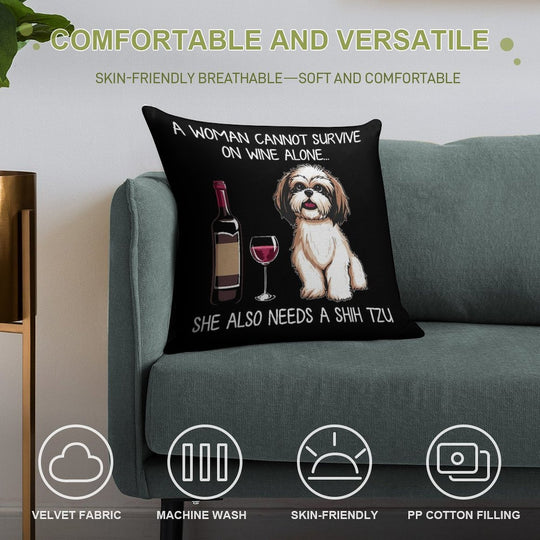 Shih Tzu And Wine Funny Dog Soft Home Decor Throw Pillow