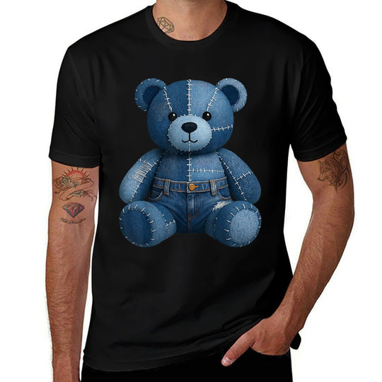 Funny Denim Patch Animal Bear Print Patchwork Art  Fade-proof Color T-Shirt